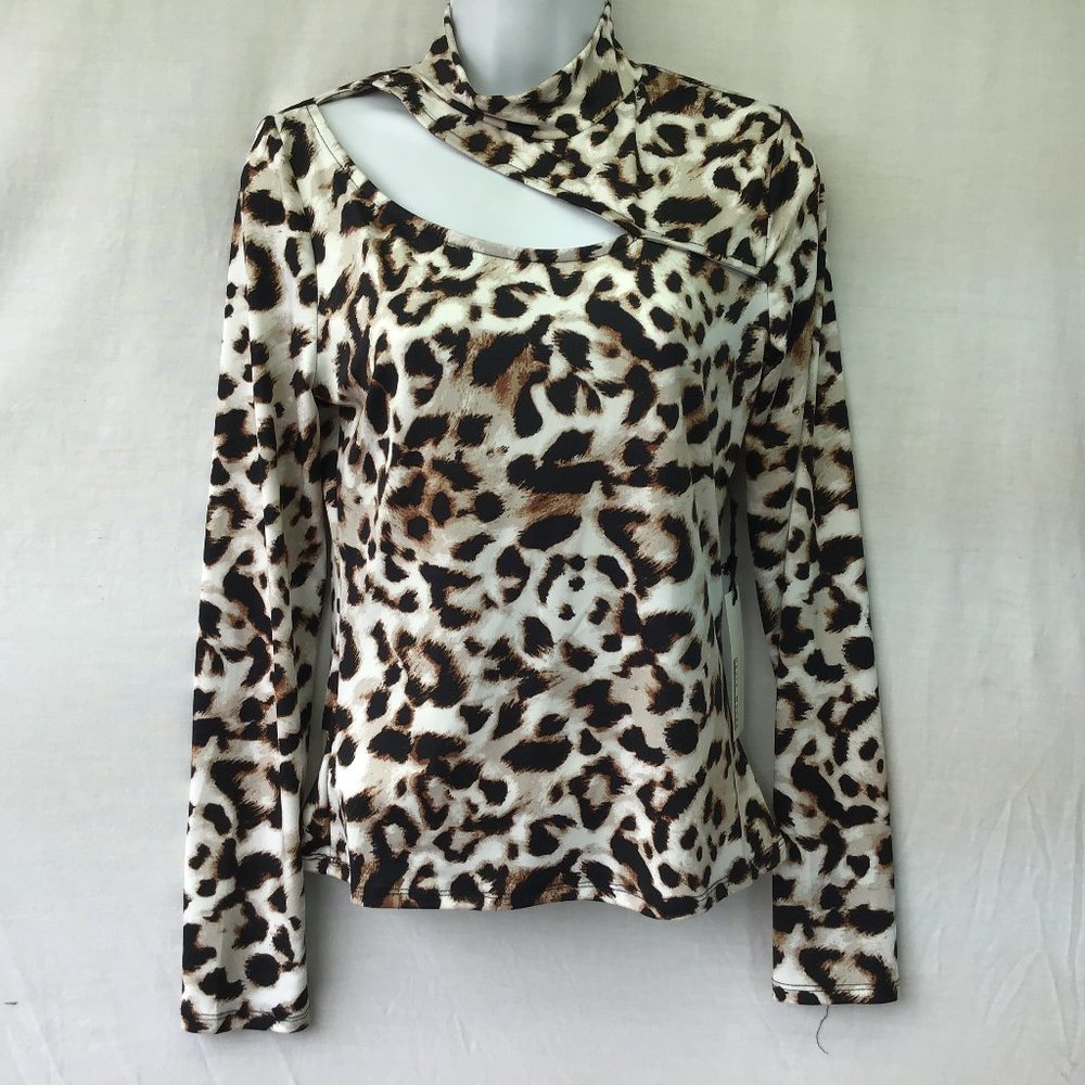 Haute Monde Top Animal Print Keyhole Neck Long Sleeve Popover Jersey Top NWT M
